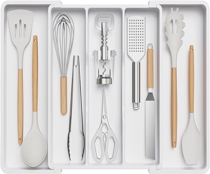 Lifewit Utensil Organizer for Kitchen Drawers, Expandable Cooking Utensil Tray, Adjustable Cutlery Silverware Flatware Holder, Plastic Spatula Tools Storage Divider, 13-22 x 15", White by Lifewit