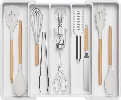 Lifewit Utensil Organizer for Kitchen Drawers, Expandable Cooking Utensil Tray, Adjustable Cutlery Silverware Flatware Holder, Plastic Spatula Tools Storage Divider, 13-22 x 15", White by Lifewit