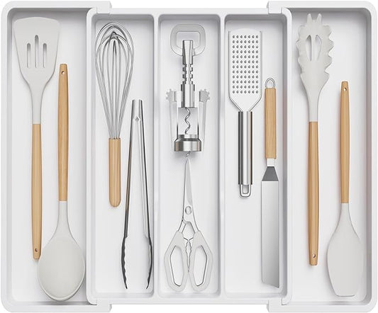 Lifewit Utensil Organizer for Kitchen Drawers, Expandable Cooking Utensil Tray, Adjustable Cutlery Silverware Flatware Holder, Plastic Spatula Tools Storage Divider, 13-22 x 15", White by Lifewit