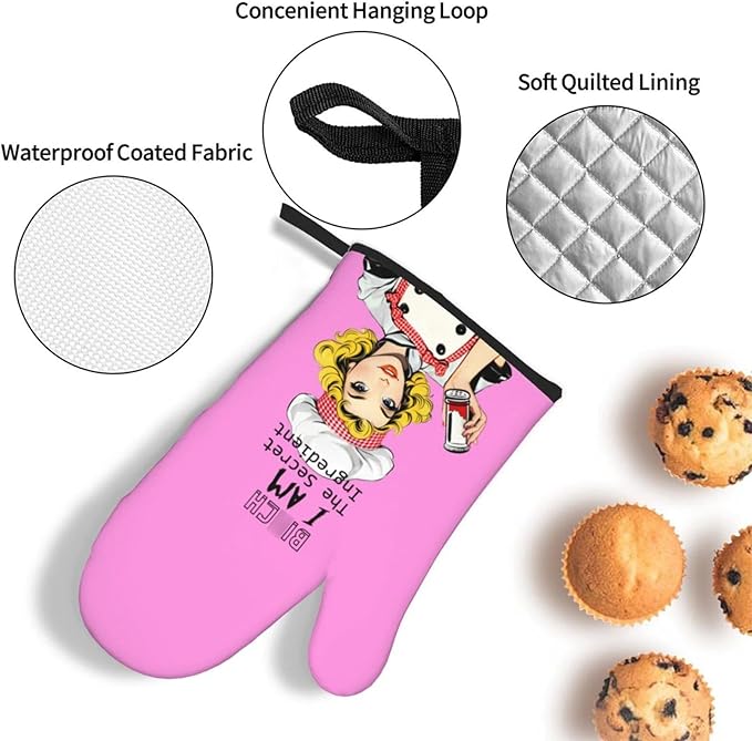 Funny Oven Mitts and Pot Holders Sets, Cute Kitchen Oven Mitts Heat Resistant Set of 3, Pink Kitchen Gloves Hot Pads, Funny Baker Gifts for Baking Lovers Women