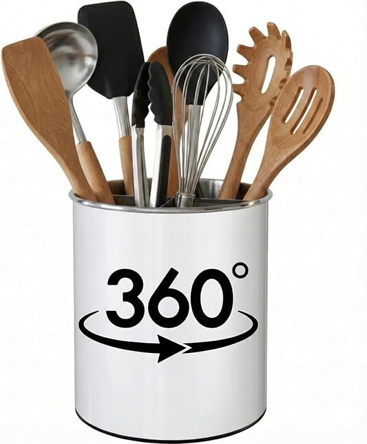 Cooler Kitchen White Rotating Extra Large Stainless Steel Utensil Holder Caddy with Sturdy No-Tip Weighted Base, Removable Divider, and Gripped Insert - Dishwasher Safe Metal Cooking Utensil Holder by CoolerKitchen