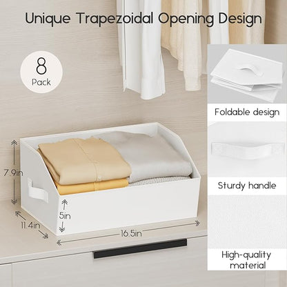 Homsorout Large Closet Organizers and Storage Bins - 8 Pack Trapezoid Storage Baskets for Shelves, Foldable Fabric Baskets with Handles Ideal for Closet, Basket, Wardrobe and Shelf Storage, White