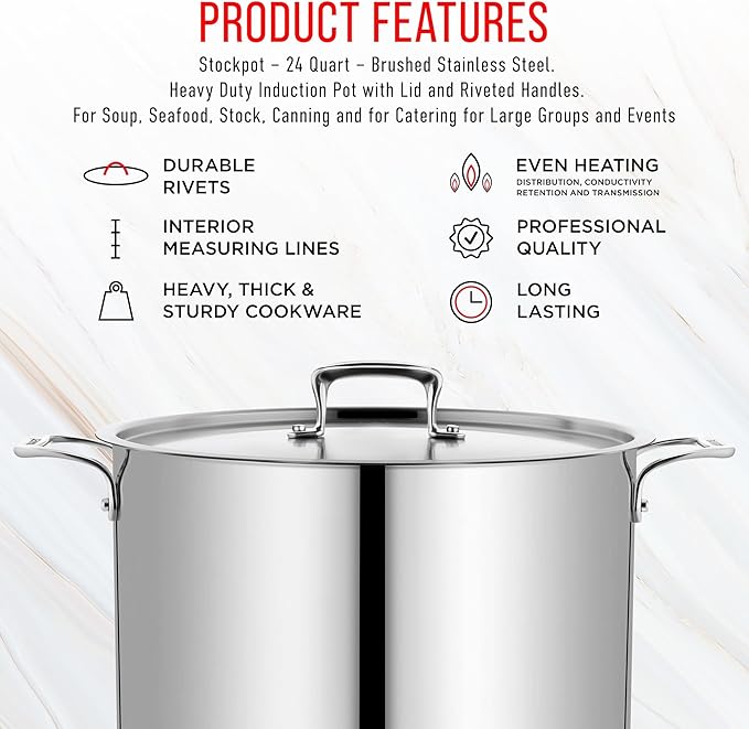 Stainless Steel Stockpot with Lid 24 Quart, Durable 18/8 Stainless Steel, Impact-Bonded Base for Even Heating, Riveted Handles, Oven & All Stove Compatible, Safe Up To 500°F (260°C) - Image 7