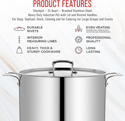 Stainless Steel Stockpot with Lid 24 Quart, Durable 18/8 Stainless Steel, Impact-Bonded Base for Even Heating, Riveted Handles, Oven & All Stove Compatible, Safe Up To 500°F (260°C) - Image 7