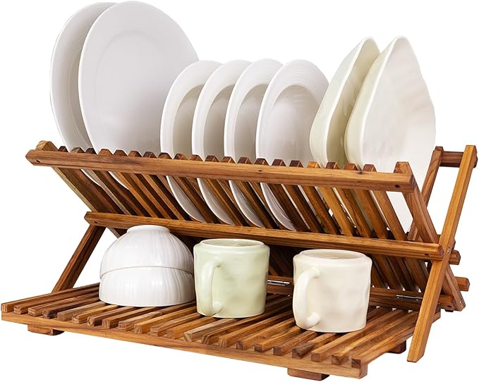 Utoplike Large Teak Dish Drying Rack, Wooden 3 Tier Collapsible Dish Draine for Countertop, Kitchen Organizer for Pasta Plates, Cups by Utoplike