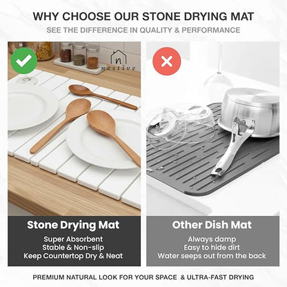 Large Stone Drying Mat for Kitchen Counter | 24"x16" | Fast Drying Collapsible Diatomaceous-Earth Mat | Super Absorbent Folding Mat for Dishes, Bottles, Glass, Heat-Resistant, Non-Slip (White)