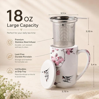 AmorArc Porcelain Tea Mug with Infuser and Lids, 18 Oz Coffee Cup Strainer with Bag Holder for Loose Leaf Tea, Steeping Coffee Mug for House-warming Wedding Birthday Gift