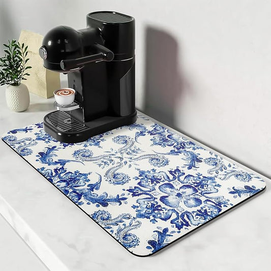 Bloss Dish Drying Mat, Multiple Usage Coffee Bar Mat, Kitchen Counter Mats, Absorbent Hide Stain Rubber Backed Dish Drying Pad(16.1"x24.1", Ink Cyan Flower) by Bloss