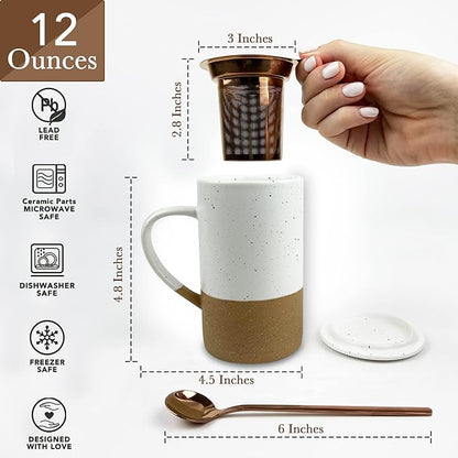 Mora 12oz Ceramic Tea Cup with Infuser, Spoon, Lid - Microwave & Dishwasher Safe - Image 2