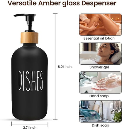 Sunrise Premium 16 OZ Thick Black Glass Soap Dispenser, Bamboo Pump with Tray 2 Pack, Hand and Dish Soap Dispenser Set for Bathroom with 6 Waterproof Labels - Image 3