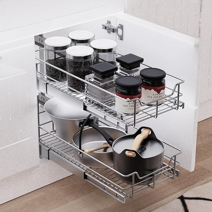 2 Tier Pull Out Cabinet Organizer 11" W X 17" D, Slide Out Drawers for Kitchen Cabinets, Pull Out Drawers for Cabinets Capacity Heavy Duty Caddy, Cabinet Pullout Shelves Chrome-Plated,Bathroom Pantry - Image 6