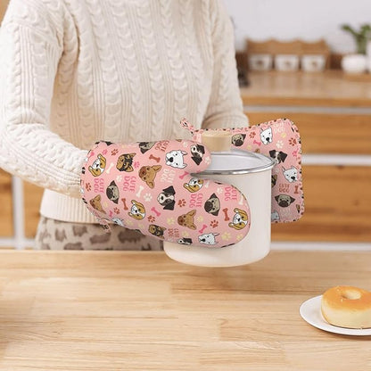 Cute Dog Oven Mitts and Pot Holders Set, Puppy Kitchen Accessories Heat Resistant to 500°F, Non-Slip Silicone Grips for Baking, Cooking, Grilling, BBQ - Gift for Dog Lovers