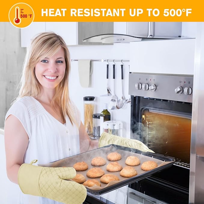6 Pcs Oven Mitts and Pot Holders, 500℉ Heat Resistant Oven Mitts with Kitchen Towels Soft Cotton Lining and Non-Slip Silicone Surface Safe for Baking, Cooking, BBQ (Milkshake/Beige) - Image 2
