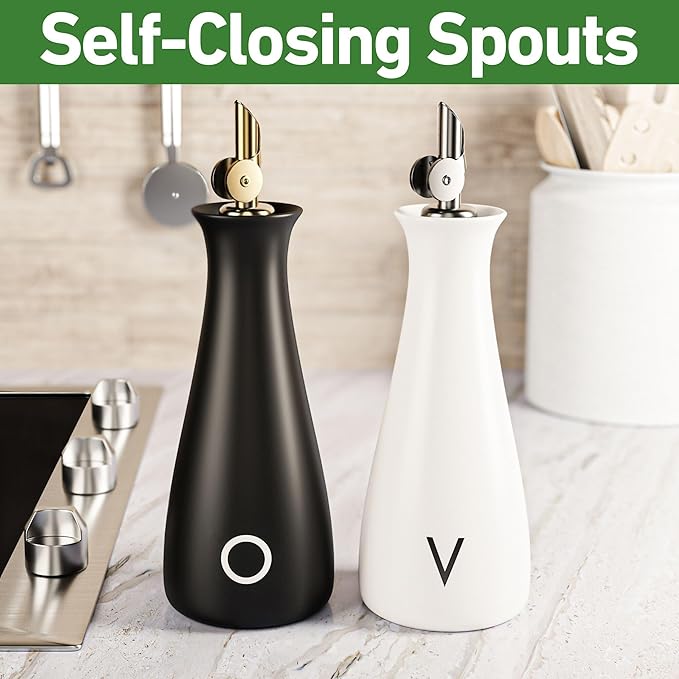 Oil and Vinegar Dispenser Set with Self-Closing Stainless Steel Spouts - 530 ML Capacity Matte Ceramic Leak Proof EVOO & Vinegar Dispensing Bottle Set of 2 - Olive Oil and Vinegar Dispenser Bottle Set - Image 3
