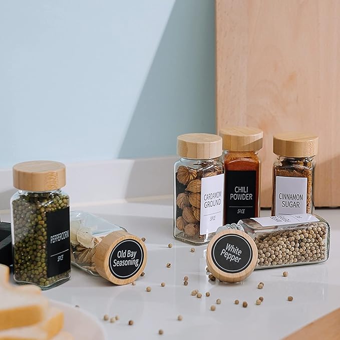 Churboro 48 Spice Jars with Labels- Spice Jars with Bamboo Lids - 4 Oz Glass Spice Containers with Shaker Lids, 547 Spice Labels of 3 Different Types Seasoning Jars for Spice Rack, Cabinet, or Drawer - Image 5