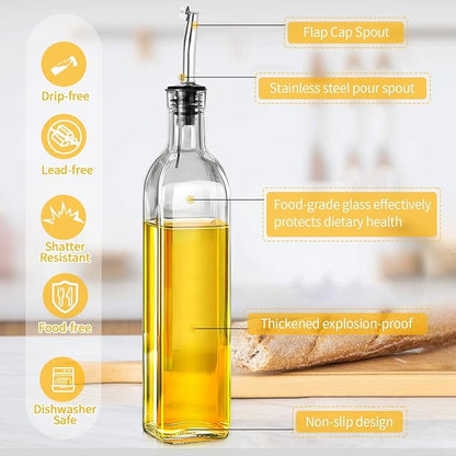 Olive Oil Dispenser Bottle, 2 Pcs Glass Oil Bottle for Kitchen, Oil and Vinegar Dispenser Set with 2 Stainless Steel Pourers, 4 Labels,1 Brush and 1 Funnel
