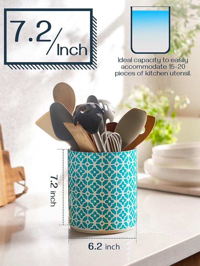 DOWAN Colorful Large Utensil Holder, 7.2" x 6.2" Ceramic Kitchen Utensil Holder for Countertop, Vibrant Patterned Utensil Crock with Protection Cork Mat, Utensil Caddy for Housewarming & Wedding Gift - Image 6