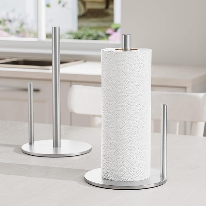 Paper Towel Holder Silver, Premium Stainless Steel Kitchen Roll Dispenser, Countertop Roll Organizer with Weighted Base - Image 7
