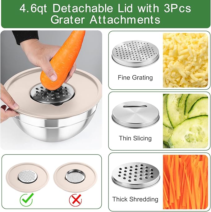 TeamFar Mixing Bowls with Airtight Lids, 5PCS Stainless Steel Metal Salad Bowl with 3 Grater Attachments, for Cooking, Prepping, Serving, Healthy & Easy Clean - 0.7/1/1.5/2.6/4.6QT, Khaki - Image 3