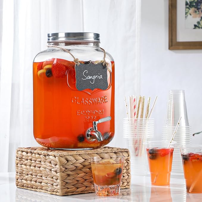 2 Gallon Glass Beverage Dispenser, 18/8 Stainless Steel Spigot and Lid - Glass Drink Dispensers for Parties - Mason Jar Drink Dispensers with Lids - Laundry Detergent Holder - Image 2