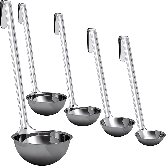 Sturdy, Ergonomic Combo Sizes Ladles 5 Pk. 1 2 4 6 8 Oz Stainless Steel Ladle with Long Handles. Best Kitchen Supplies for Stirring, Portioning and Serving Soup, Chili and Stew in Restaurants and Home by FoodRestaurantSupplies