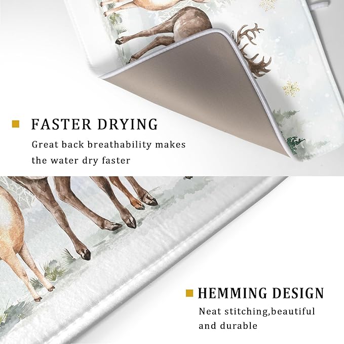 Winter Deer Dish Drying Mat for Kitchen Counter Xmas Trees Snowflake Festival Microfiber Absorbent Dish Draining Reusable Washable Foldable Extra Large 18"x24" - Image 3