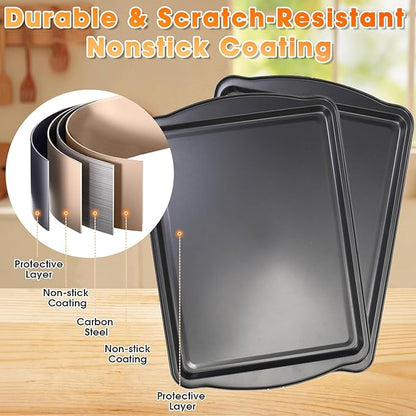 Baking Sheet with Wire Rack, 17 x 12 Inch Nonstick Cookie Sheets Pan Set with Cooling Racks for Cooking and Baking, Carbon Steel Baking & Cookie Sheet Pan Oven Tray Non Toxic (2 Pans + 2 Raised Racks)