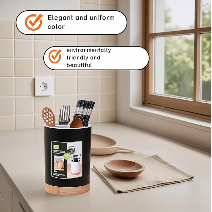 BUBBLE-FLY Modern Kitchen Utensil Holder with Drainage, Black and Wood Base, 3 Compartment Divided Organizer for Spoons Forks Knives, Countertop Caddy for Cooking Tools and Cutlery Storage- Non-Slip - Image 5