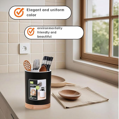 BUBBLE-FLY Modern Kitchen Utensil Holder with Drainage, Black and Wood Base, 3 Compartment Divided Organizer for Spoons Forks Knives, Countertop Caddy for Cooking Tools and Cutlery Storage- Non-Slip - Image 5