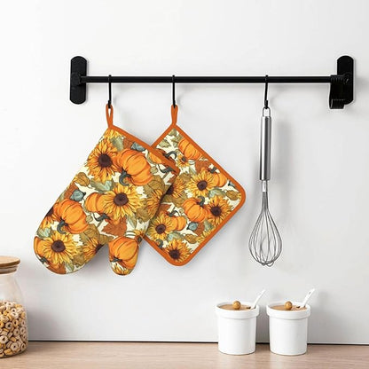 Fall Pumpkin Sunflower Silicone Oven Mitts Pan Mats Set of 2, Heat Resistant Gloves Potholder with Non-Slip Grips Hanging Loops Pot Holder, Spring Summer for Chef Cooking, Baking, Grilling, BBQ