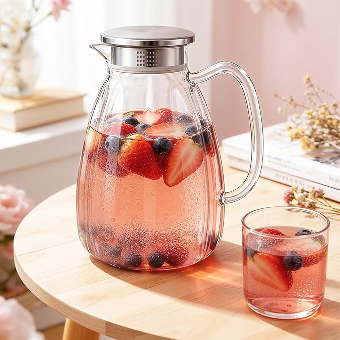 Glass Pitcher with Lid and Handle, 2.2L (74 oz) Borosilicate Glass Water Carafe, Stainless Steel Dual-Filter Lid, Heat Resistant for Hot/Cold Beverages – Iced Tea, Coffee, Juice, Cold Brew - Image 7