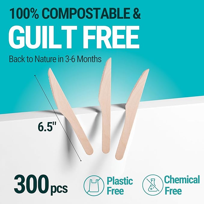Disposable Wooden Knives - 300pcs - Heavy Duty & Extra Sharpened - Our Guilt-Free FSC Certified Wood Protects Forests - A Great Alternative to Bamboo Knives - Image 5