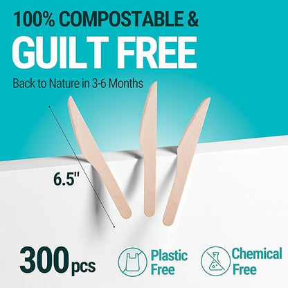 Disposable Wooden Knives - 300pcs - Heavy Duty & Extra Sharpened - Our Guilt-Free FSC Certified Wood Protects Forests - A Great Alternative to Bamboo Knives - Image 5