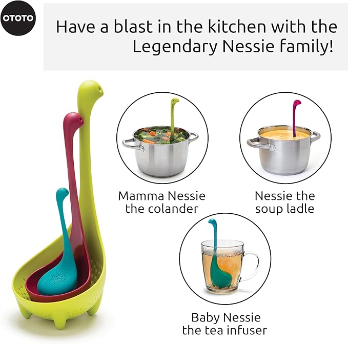 The Nessie Family by OTOTO - Pack of 3 Tea Infuser, Soup Ladle, and Colander - Cute Kitchen Accessories, Cooking Gifts, Funny Kitchen Gadgets, Kitchen Gifts - Image 3