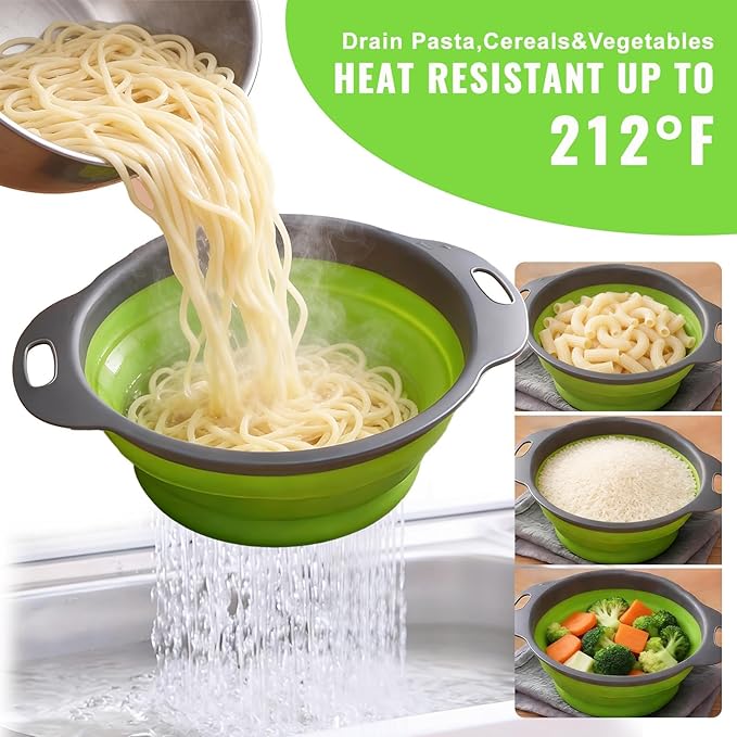 2 Pack Collapsible Silicone Colander with Handle, Over Sink Foldable Food Strainer, BPA-Free Space Saving Drain Basket for Vegetables, Fruits, Pasta, Kitchen & Camping (Green) - Image 4