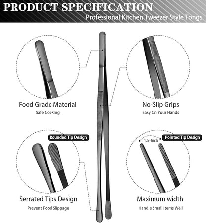 JETKONG 2 Pcs 10-Inch Kitchen Tweezers Tongs with Precision Serrated Tips, Stainless Steel Chef Tweezer Professional Cooking Tweezers for BBQ, Plating and Serving (10-Inch, Black) - Image 2