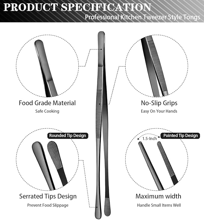 JETKONG 4 Pcs Kitchen Tweezers Professional Stainless Steel Cooking Tweezers Set, Black Kitchen Food Tweezer Tongs for Cooking, Repairing, and BBQ (10+12-Inch, Black) - Image 2