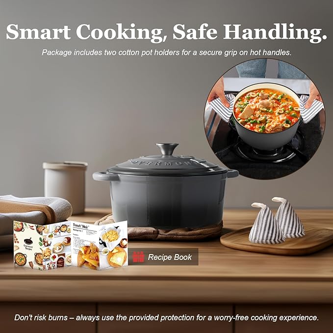 Overmont Enameled Cast Iron Dutch Oven - 4.5QT Pot with Lid Cookbook & Cotton Potholders - Heavy-Duty Cookware for Braising, Stews, Roasting, Sourdough Baking grey - Image 6