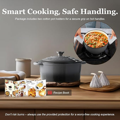 Overmont Enameled Cast Iron Dutch Oven - 7QT Pot with Lid Cookbook & Cotton Potholders - Heavy-Duty Cookware for Braising, Stews, Roasting, Sourdough Baking grey - Image 6
