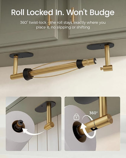 Paper Towel Holder Under Cabinet, Self Adhesive or Wall Mount for Kitchen Bathroom, Stainless Steel Paper Towel Holders with Damping Effect, Single Hand Operable (Black&Gold) - Image 4