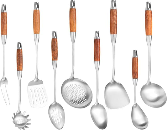 Stainless Steel Kitchen Utensils Set with Wooden Handle for Cooking 9 PCS with Solid and Slotted Spoon, Fork, Spatula, Ladle, Skimmer, Slotted Tunner, Spaghetti and Large Spoon by NIITAWH