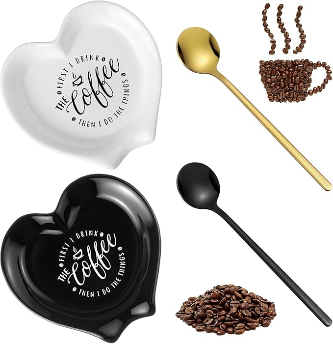 FoldTier 2 Pcs Ceramic Coffee Spoon Rest with Spoon Small Heart Black White Stirrer Holder Bar Station Accessories Decoration Lover Housewarming Gift(Rest But First Coffee) by FoldTier