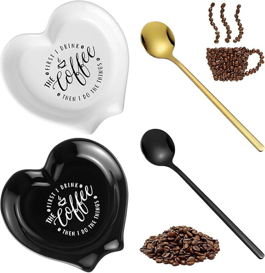 FoldTier 2 Pcs Ceramic Coffee Spoon Rest with Spoon Small Heart Black White Stirrer Holder Bar Station Accessories Decoration Lover Housewarming Gift(Rest But First Coffee) by FoldTier