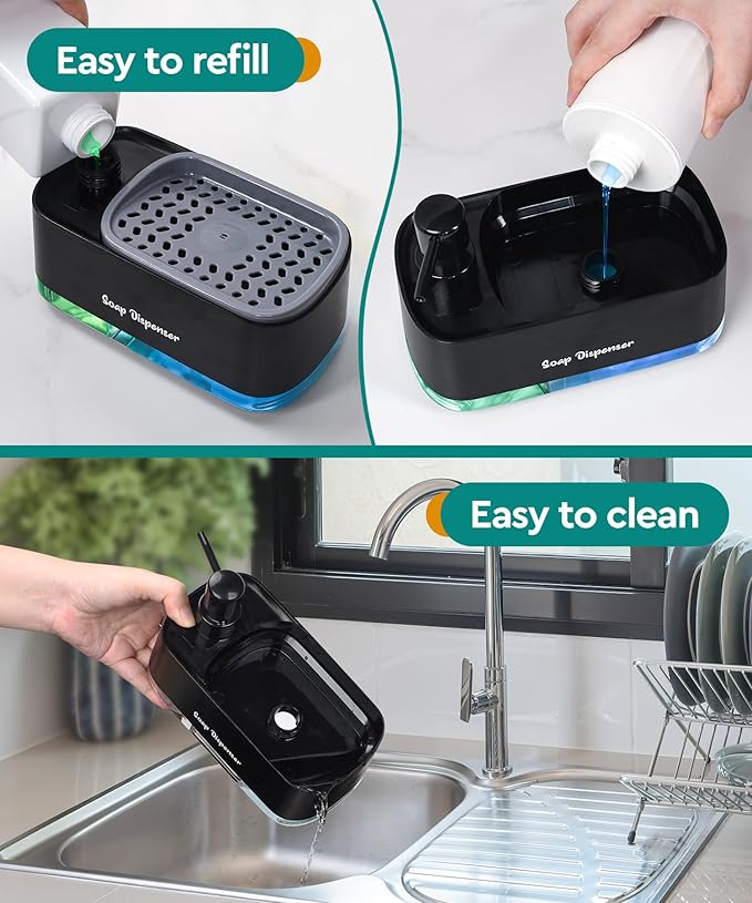 Kitchen Dish Soap Dispenser Set，Dish and Hand Soap Dispenser with Sponge Holder, 3-in-1 Countertop Sponge Dual Soap Pump Dispenser for Kitchen Sink - Black - Image 4