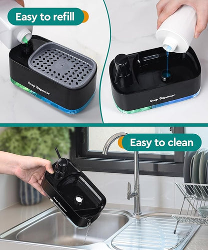 Kitchen Dish Soap Dispenser Set，Dish and Hand Soap Dispenser with Sponge Holder, 3-in-1 Countertop Sponge Dual Soap Pump Dispenser for Kitchen Sink - Black - Image 4