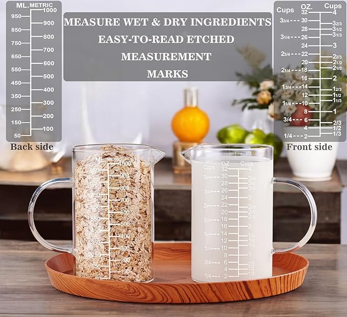 Ackers Etched Graduated Glass Measuring Cup - [Insulated Handle | V-Shaped Spout] - High Borosilicate Glass Measuring Cup for Kitchen or Dining, Easy to Read,1000 ML (32 Oz, 4 Cup) - Image 3