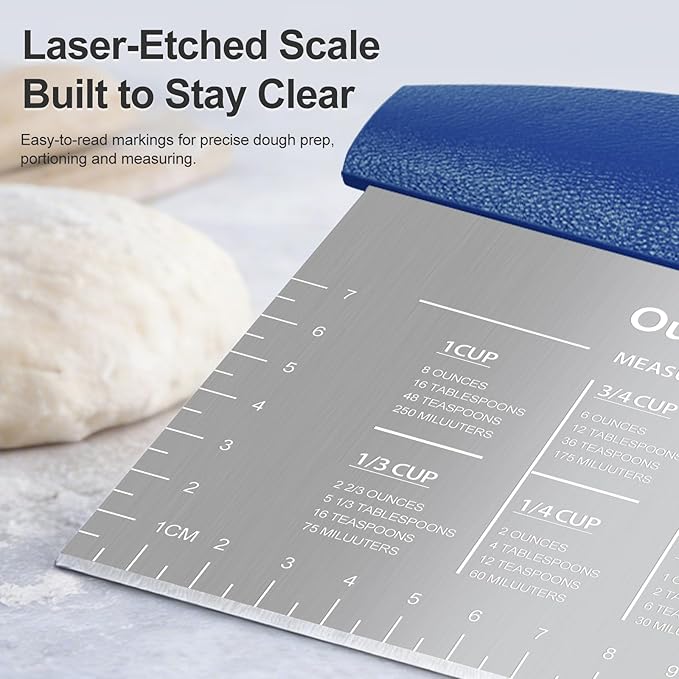 Ourokhome 2 Pack Bench Scraper Dough Cutter, Stainless Steel Dough Scraper with Laser-Etched Scale, Conversion Chart, Non-Slip Handle, Dishwasher Safe for Bread & Pastry, Blue - Image 3