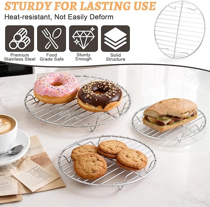 P&P CHEF Round Cooking Rack, 3 Pcs Stainless Steel Baking Cooling Steaming Grilling Rack, Fits Air Fryer/Stockpot/Pressure Cooker/Round Cake Pan, Oven & Dishwasher Safe (7.5 + 9 + 10.5 Inch) - Image 3
