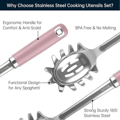 Safring Stainless Steel Soup Ladle and Spaghetti Spoon Set, Heat Resistant Rubber Handle, Dishwasher Safe, Kitchen Utensils for Cooking, Stirring, Serving Pasta, Soup & Sauce (Pink) - Image 3