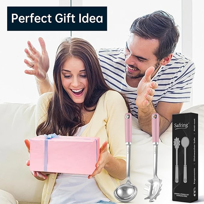 Safring Stainless Steel Soup Ladle and Spaghetti Spoon Set, Heat Resistant Rubber Handle, Dishwasher Safe, Kitchen Utensils for Cooking, Stirring, Serving Pasta, Soup & Sauce (Pink) - Image 7